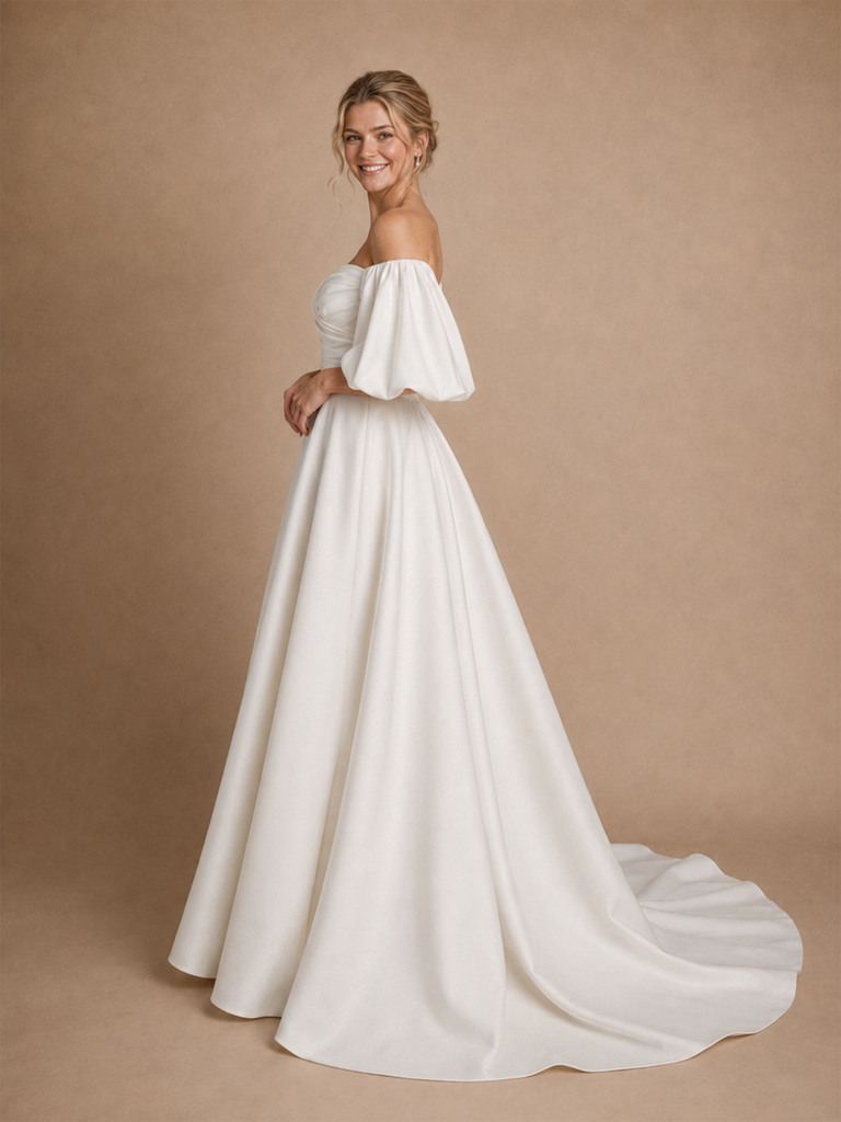 ChicSew Classy Modern Sweetheart Puff Sleeves Ruched A-Line Crepe Maxi Wedding Dresses