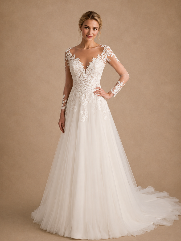 ChicSew Sexy Beautiful V-Neck A-Line Long Sleeves Lace Tulle Floor-Length Wedding Dress