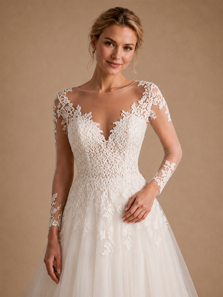 ChicSew Sexy Beautiful V-Neck A-Line Long Sleeves Lace Tulle Floor-Length Wedding Dress