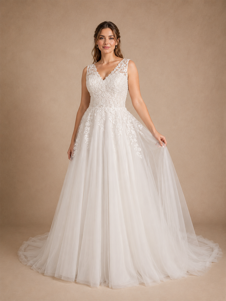 ChicSew Elegant Fancy A-Line V-Neck Lace Appliques Tulle Sleeveless Long Wedding Dress