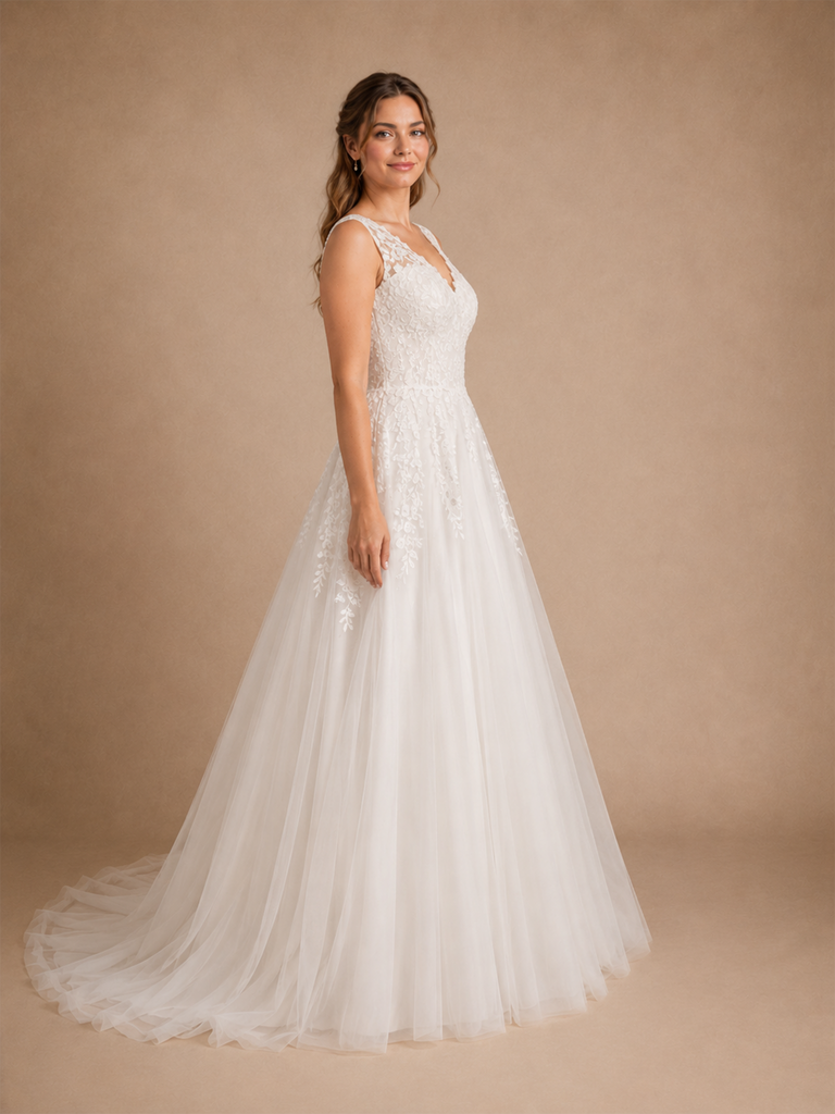 ChicSew Elegant Fancy A-Line V-Neck Lace Appliques Tulle Sleeveless Long Wedding Dress