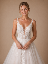ChicSew Fancy Spaghetti Straps V-Neck A-Line Lace Applique Tulle Maxi Wedding Dresses