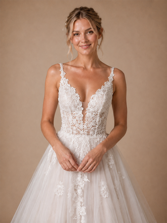 ChicSew Fancy Spaghetti Straps V-Neck A-Line Lace Applique Tulle Maxi Wedding Dresses