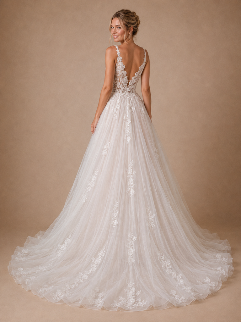 ChicSew Fancy Spaghetti Straps V-Neck A-Line Lace Applique Tulle Maxi Wedding Dresses