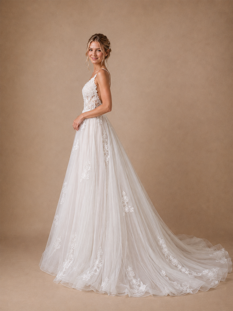 ChicSew Fancy Spaghetti Straps V-Neck A-Line Lace Applique Tulle Maxi Wedding Dresses