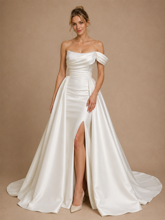ChicSew Elegant Unique One Shoulder Side Slit Satin Mermaid Long Wedding Dresses With Overskirt