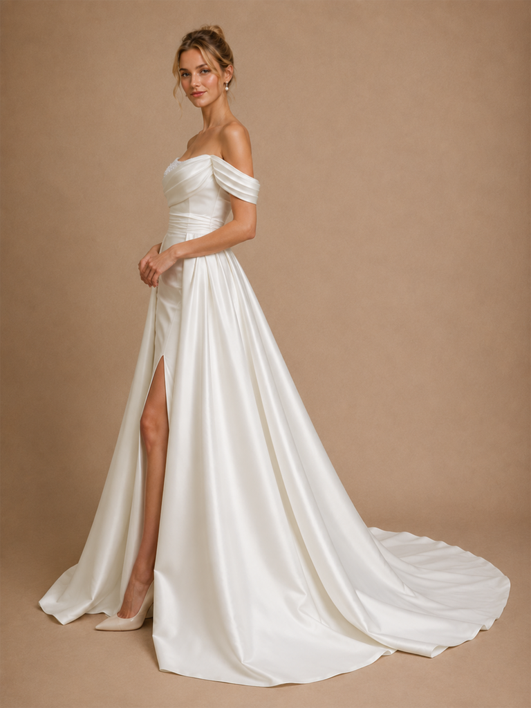ChicSew Elegant Unique One Shoulder Side Slit Satin Mermaid Long Wedding Dresses With Overskirt