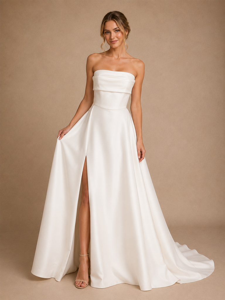 ChicSew Unique Sexy Strapless Satin Side Slit A-Line Long Wedding Dresses