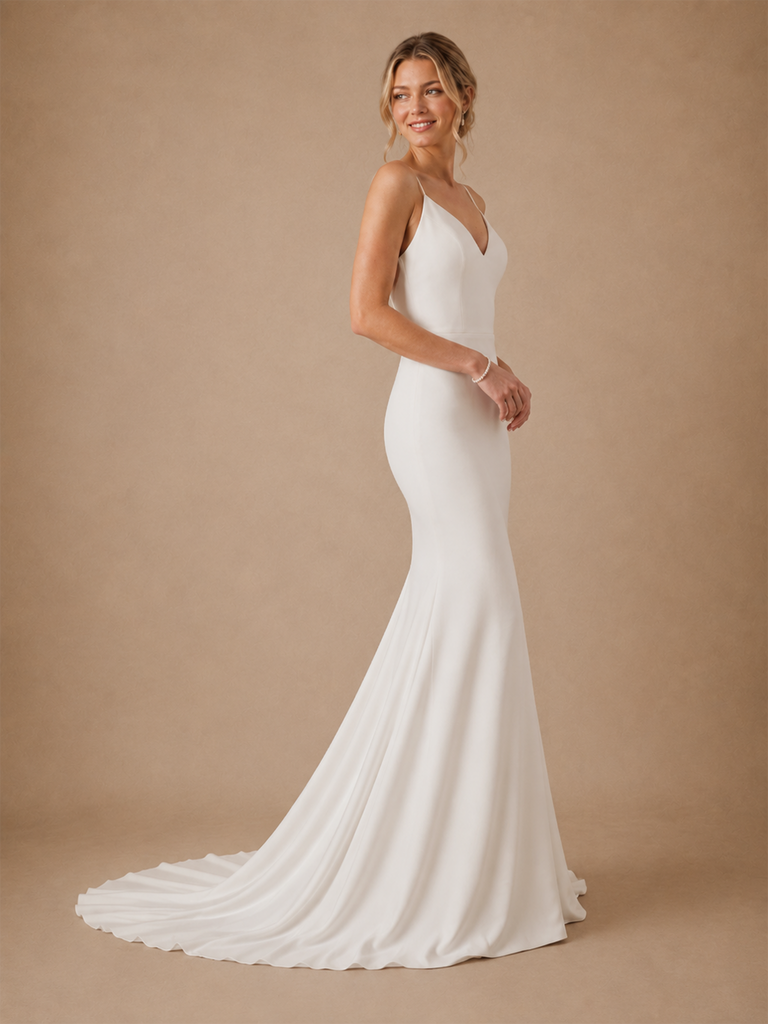 ChicSew Elegant Crepe Spaghetti Straps Mermaid Open Back Maxi Wedding Dresses