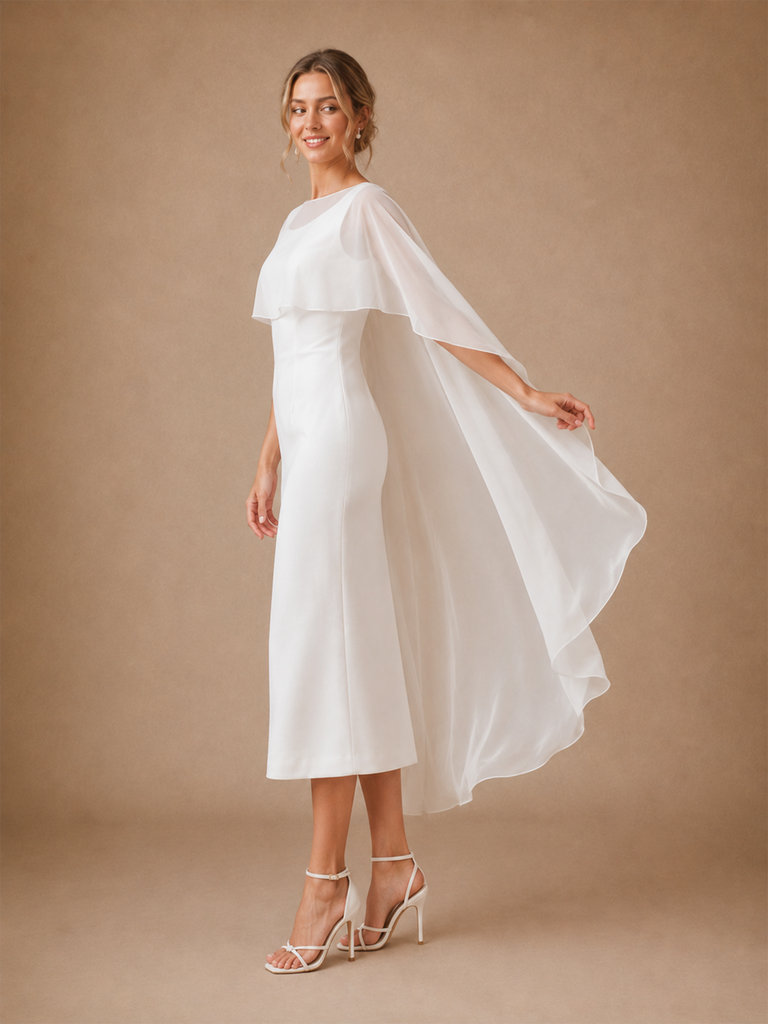 ChicSew Classy Modern Bateau Neck Sleeveless Sheath Crepe Midi Wedding Dress With Tulle Cape
