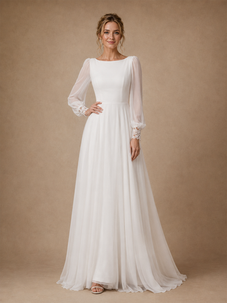 ChicSew Elegant Chiffon Tulle Long Sleeves Pleated A-Line Maxi Wedding Dresses