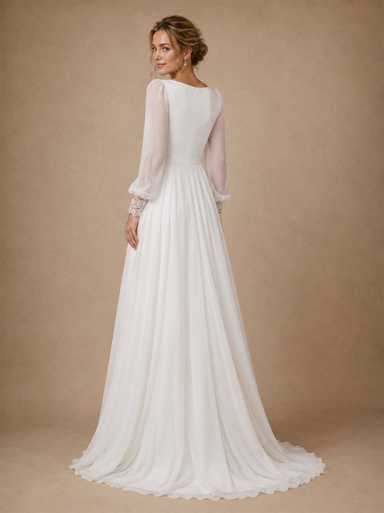 ChicSew Elegant Chiffon Tulle Long Sleeves Pleated A-Line Maxi Wedding Dresses
