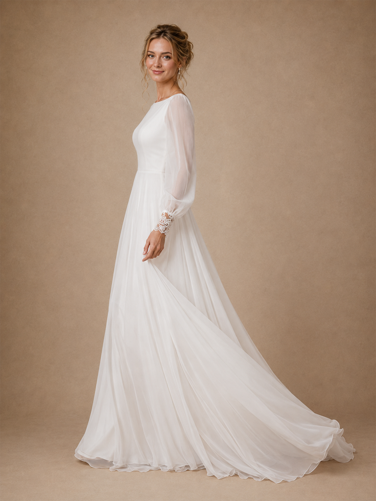 ChicSew Elegant Chiffon Tulle Long Sleeves Pleated A-Line Maxi Wedding Dresses