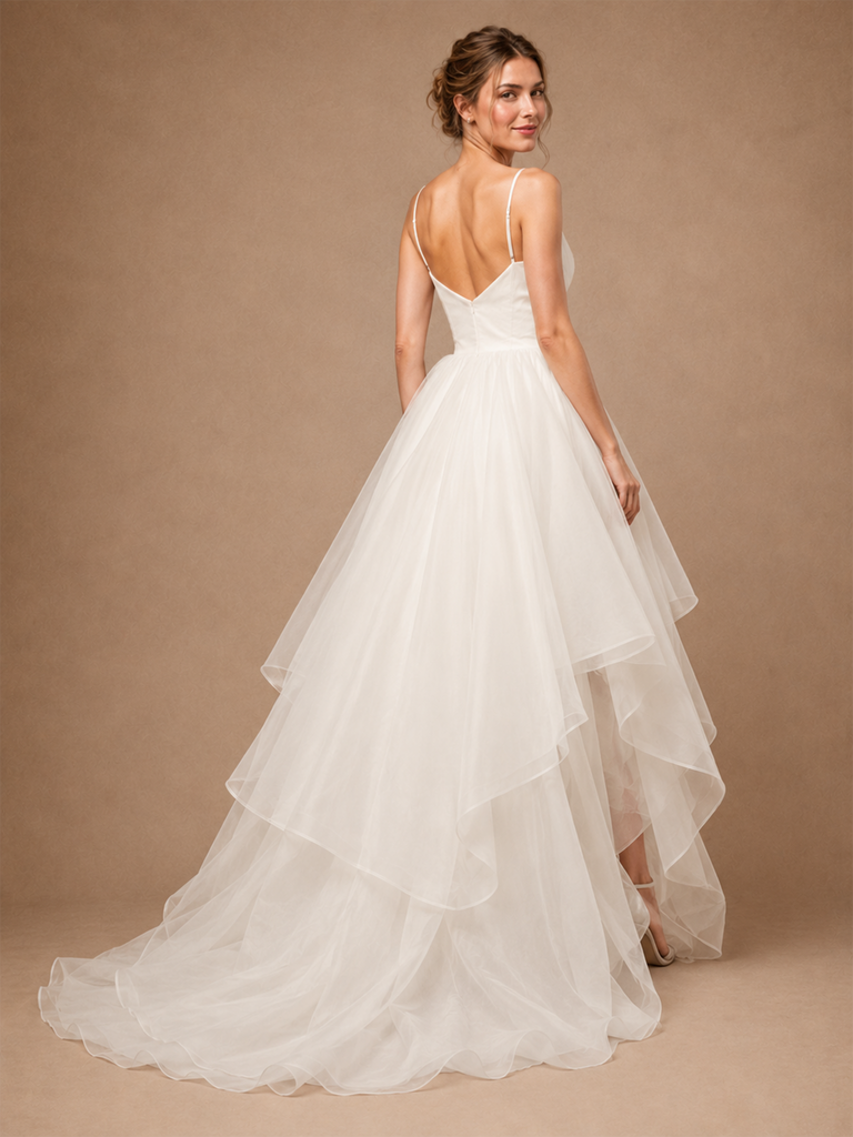 ChicSew Fancy Spaghetti Straps A-Line Chiffon Tulle Pleated High-Low Wedding Dresses With Ruffle