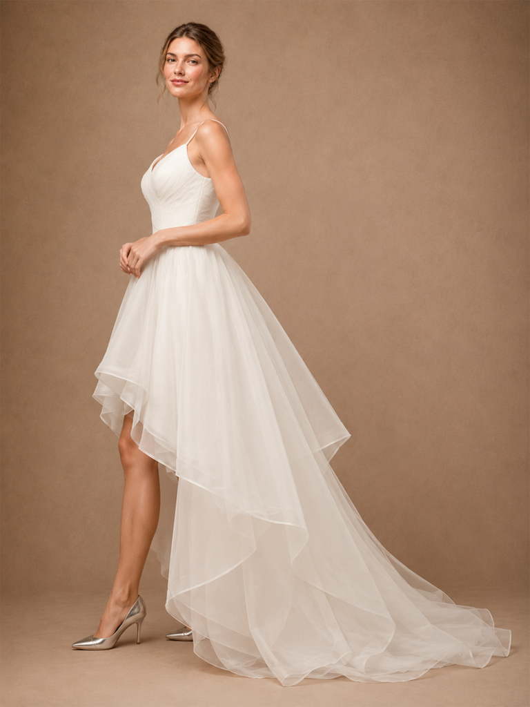 ChicSew Fancy Spaghetti Straps A-Line Chiffon Tulle Pleated High-Low Wedding Dresses With Ruffle