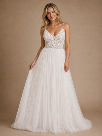 ChicSew Elegant Fancy A-Line Spaghetti Straps Lace Applique Tulle Sleeveless Maxi Long Wedding Dress
