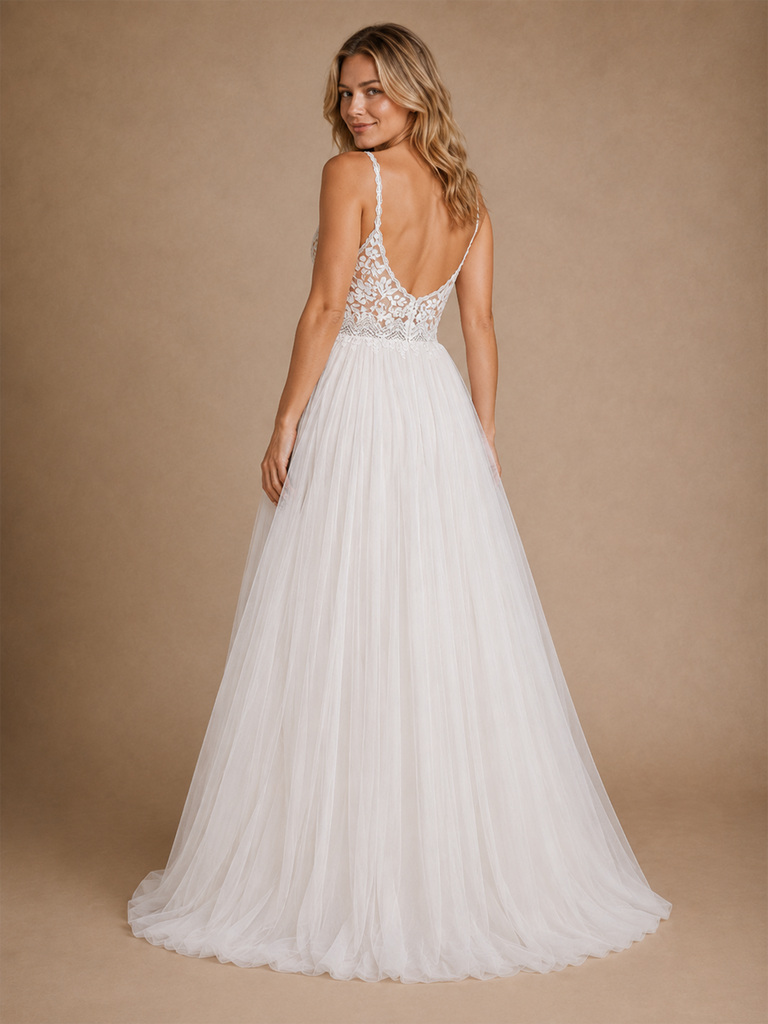 ChicSew Elegant Fancy A-Line Spaghetti Straps Lace Applique Tulle Sleeveless Maxi Long Wedding Dress