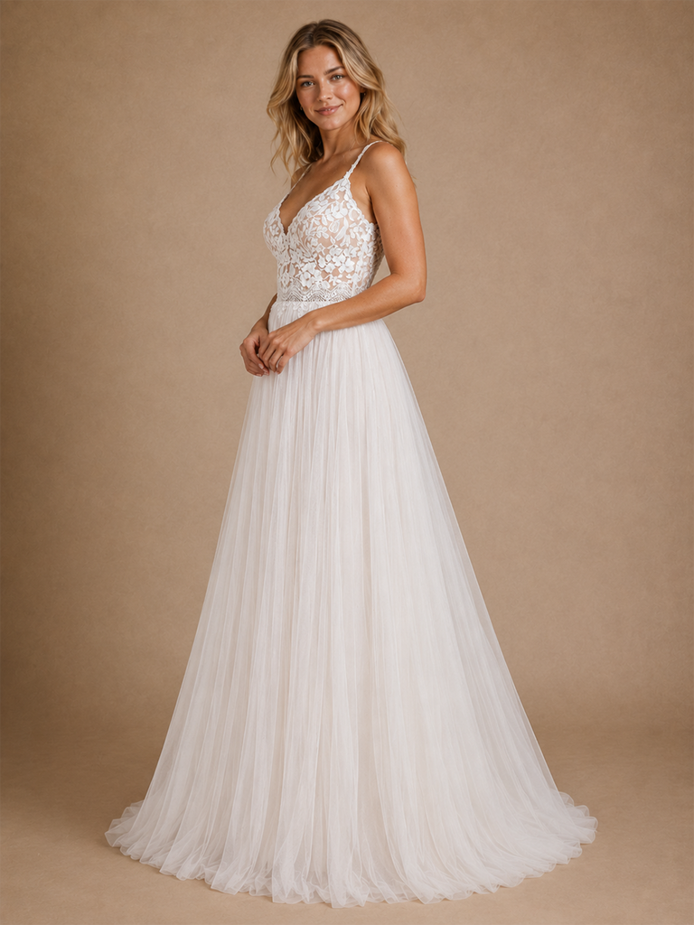 ChicSew Elegant Fancy A-Line Spaghetti Straps Lace Applique Tulle Sleeveless Maxi Long Wedding Dress