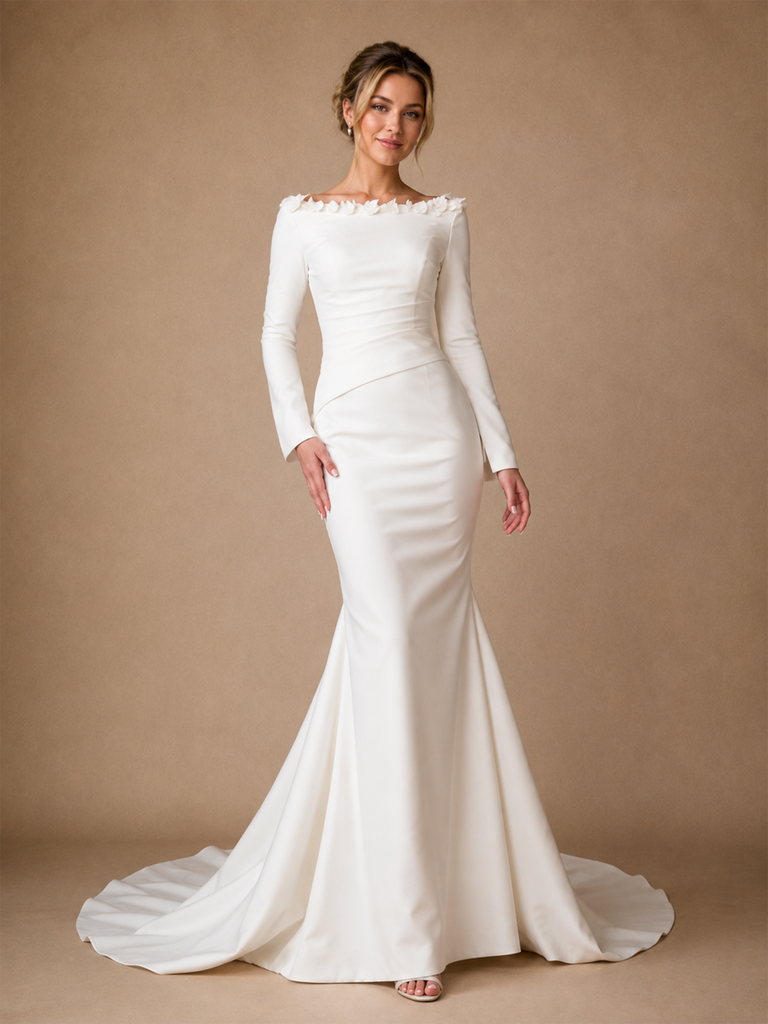 ChicSew Elegant Unique Crepe Mermaid Long Sleeves Ruched Maxi Long Wedding Dresses