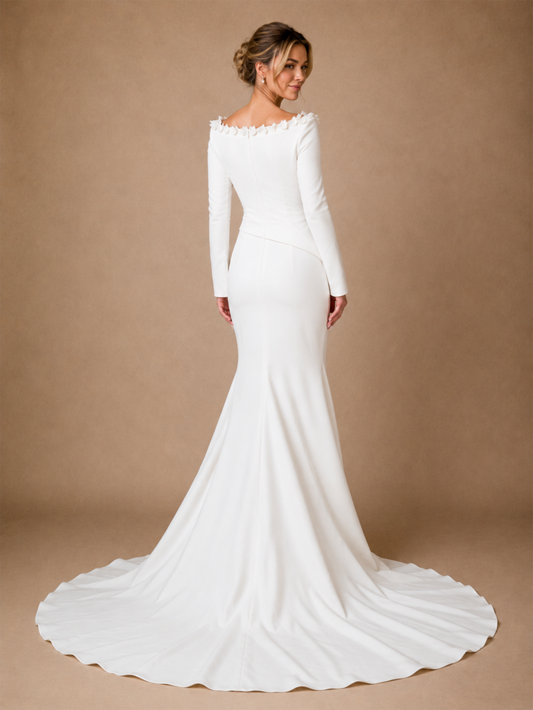 ChicSew Elegant Unique Crepe Mermaid Long Sleeves Ruched Maxi Long Wedding Dresses