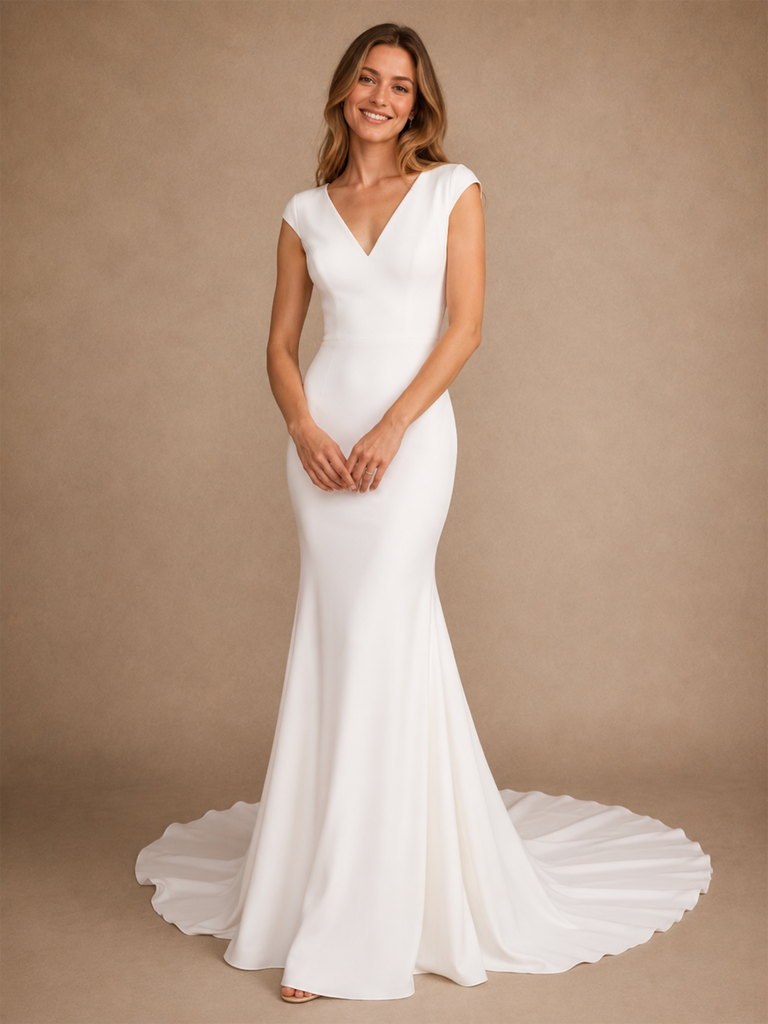 ChicSew Elegant Classy V-Neck Crepe Mermaid Cap Sleeves Maxi Long Wedding Dresses