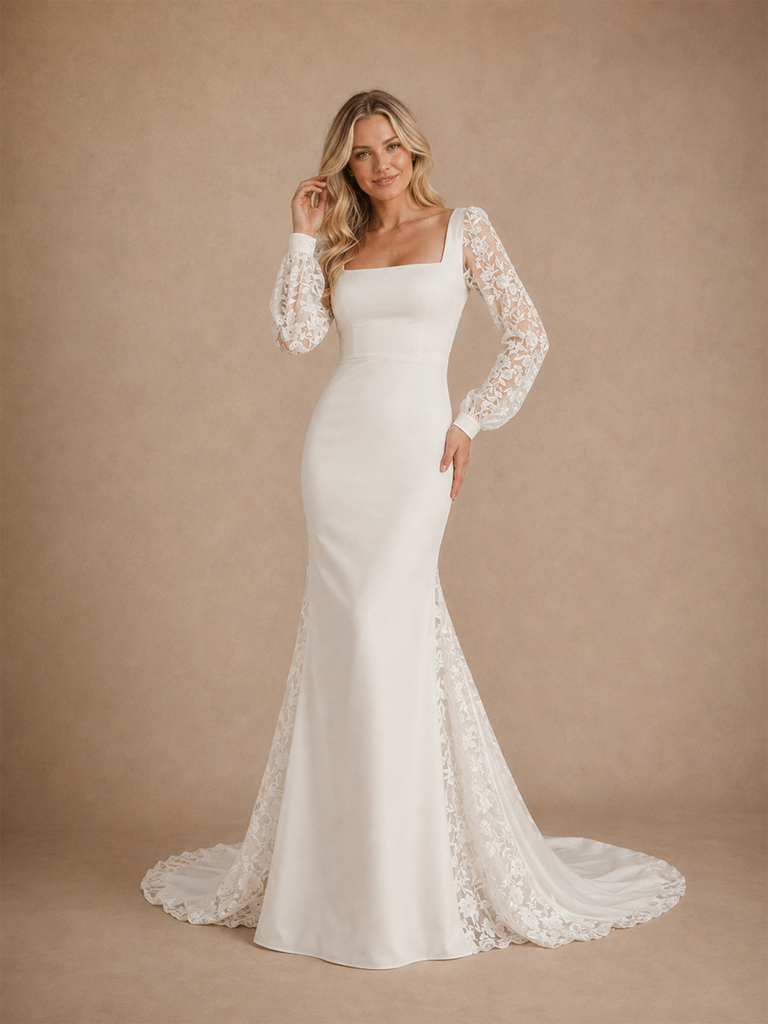 ChicSew Elegant Unique Square Neck Crepe Lace Applique Long Sleeves Mermaid Floor-Length Wedding Dress