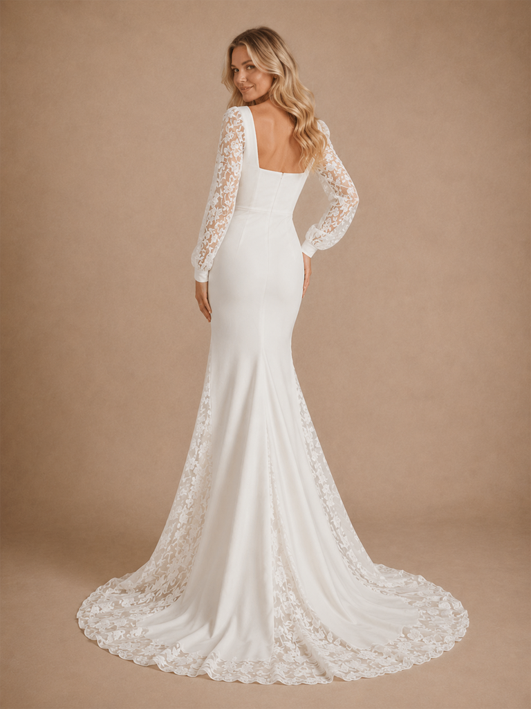 ChicSew Elegant Unique Square Neck Crepe Lace Applique Long Sleeves Mermaid Floor-Length Wedding Dress