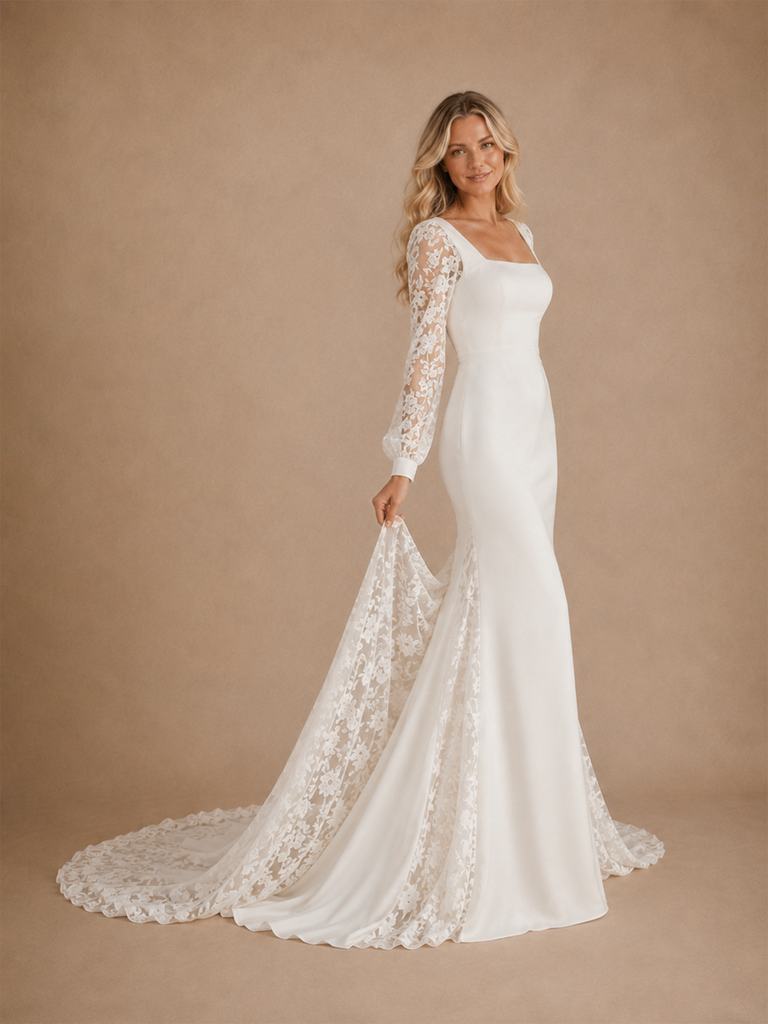 ChicSew Elegant Unique Square Neck Crepe Lace Applique Long Sleeves Mermaid Floor-Length Wedding Dress