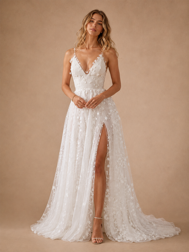 ChicSew Sexy Unique Spaghetti Straps V-Neck A-Line Lace Tulle Side Slit Maxi Wedding Dress
