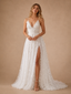 ChicSew Sexy Unique Spaghetti Straps V-Neck A-Line Lace Tulle Side Slit Maxi Wedding Dress