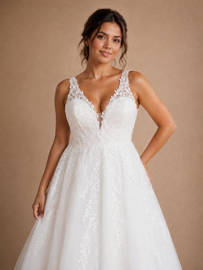 ChicSew Beautiful Fancy Spaghetti Straps V-Neck A-Line Lace Applique Tulle Long Wedding Dresses