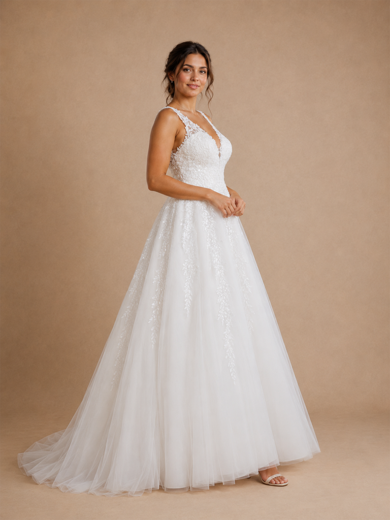 ChicSew Beautiful Fancy Spaghetti Straps V-Neck A-Line Lace Applique Tulle Long Wedding Dresses