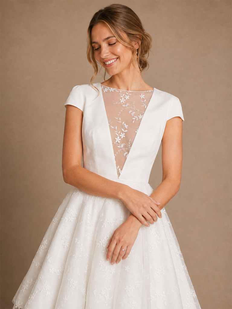 ChicSew Unique Cap Sleeves Lace Applique A-Line Mini Wedding Dresses