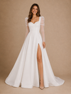 ChicSew Fancy Elegant V-Neck Side Slit A-Line Satin Long Sleeves Maxi Wedding Dress
