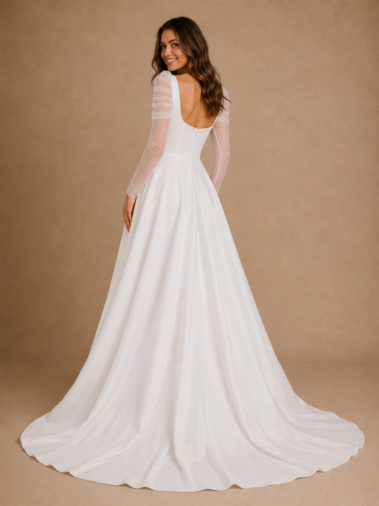 ChicSew Fancy Elegant V-Neck Side Slit A-Line Satin Long Sleeves Maxi Wedding Dress