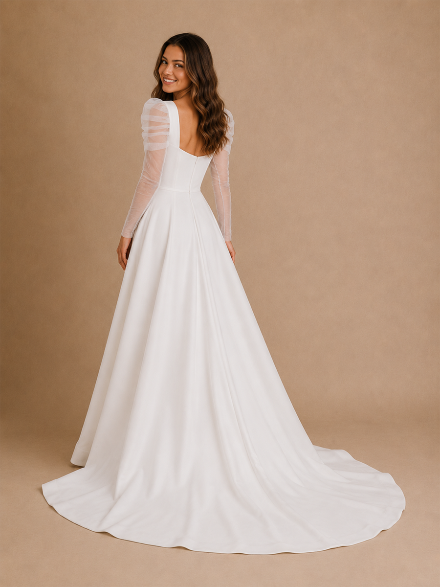 ChicSew Fancy Elegant V-Neck Side Slit A-Line Satin Long Sleeves Maxi Wedding Dress
