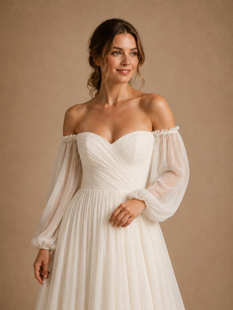 ChicSew Elegant Chiffon Sweetheart Off The Shoulder Tulle Sleeves Maxi Wedding Dresses With Pleats