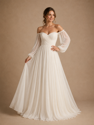 ChicSew Elegant Chiffon Sweetheart Off The Shoulder Tulle Sleeves Maxi Wedding Dresses With Pleats