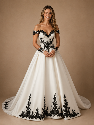 ChicSew Classic Off The Shoulder Satin A-Line Floor-Length Wedding Dresses With Black Applique