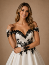 ChicSew Classic Off The Shoulder Satin A-Line Floor-Length Wedding Dresses With Black Applique