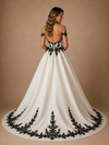 ChicSew Classic Off The Shoulder Satin A-Line Floor-Length Wedding Dresses With Black Applique