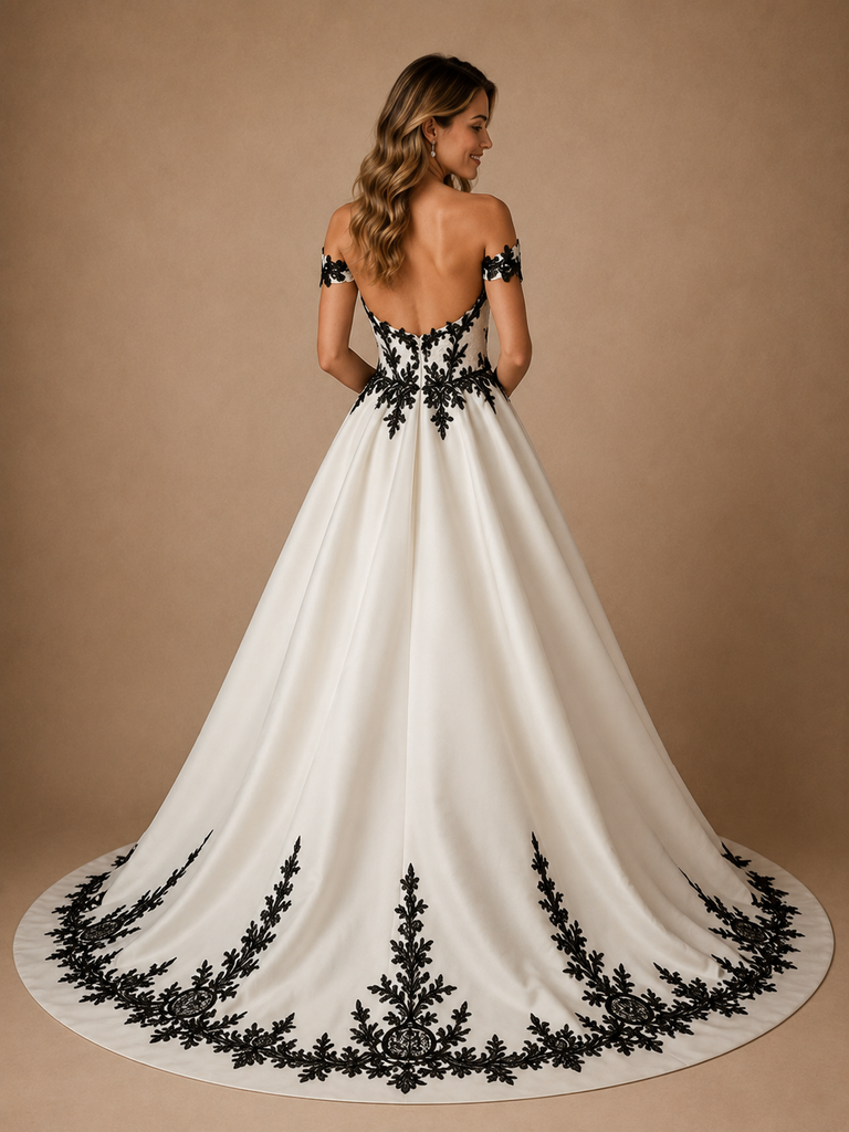 ChicSew Classic Off The Shoulder Satin A-Line Floor-Length Wedding Dresses With Black Applique