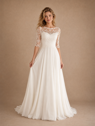 ChicSew Elegant Lace Illusion Half Sleeves Chiffon A-Line Maxi Long Wedding Dresses