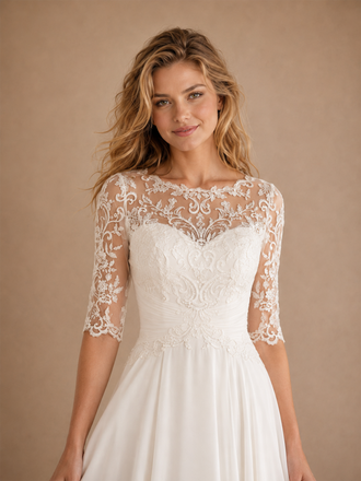 ChicSew Elegant Lace Illusion Half Sleeves Chiffon A-Line Maxi Long Wedding Dresses
