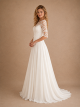 ChicSew Elegant Lace Illusion Half Sleeves Chiffon A-Line Maxi Long Wedding Dresses
