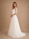 ChicSew Elegant Lace Illusion Half Sleeves Chiffon A-Line Maxi Long Wedding Dresses