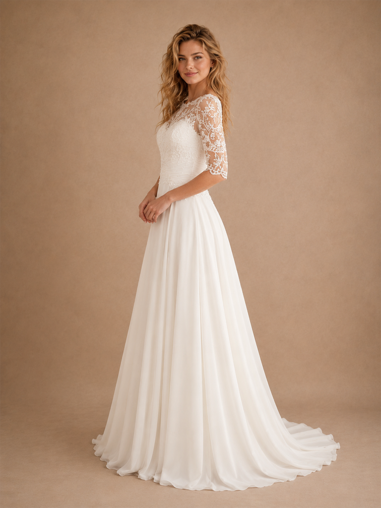 ChicSew Elegant Lace Illusion Half Sleeves Chiffon A-Line Maxi Long Wedding Dresses