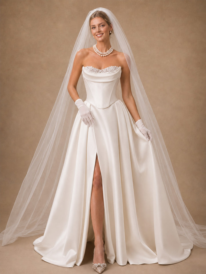 ChicSew Classy Strapless A-Line Beaded Floor-Length Satin Side Slit Wedding Dress