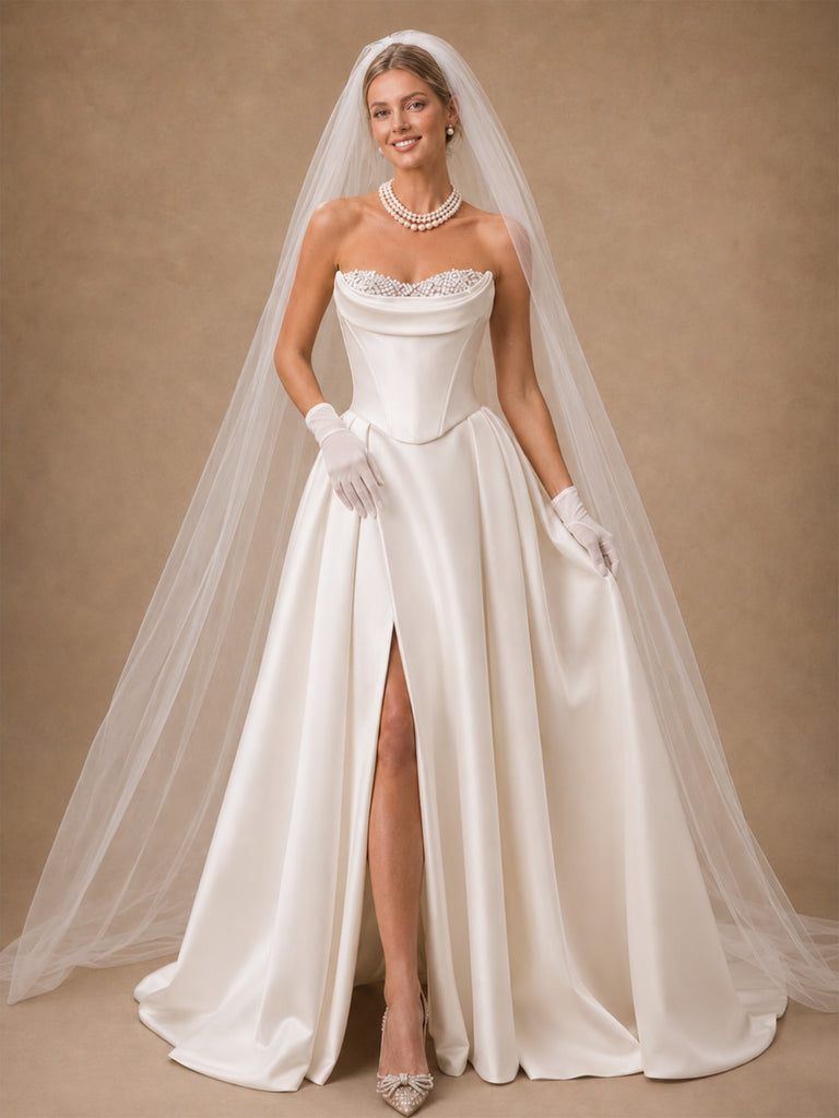 ChicSew Classy Strapless A-Line Beaded Floor-Length Satin Side Slit Wedding Dress