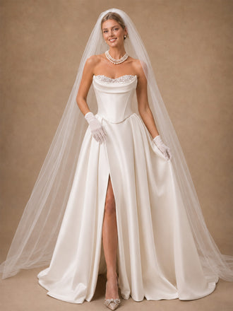 ChicSew Classy Strapless A-Line Beaded Floor-Length Satin Side Slit Wedding Dress